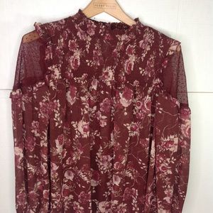 Taylor & Sage Burgundy Boho Blouse Floral Sheer